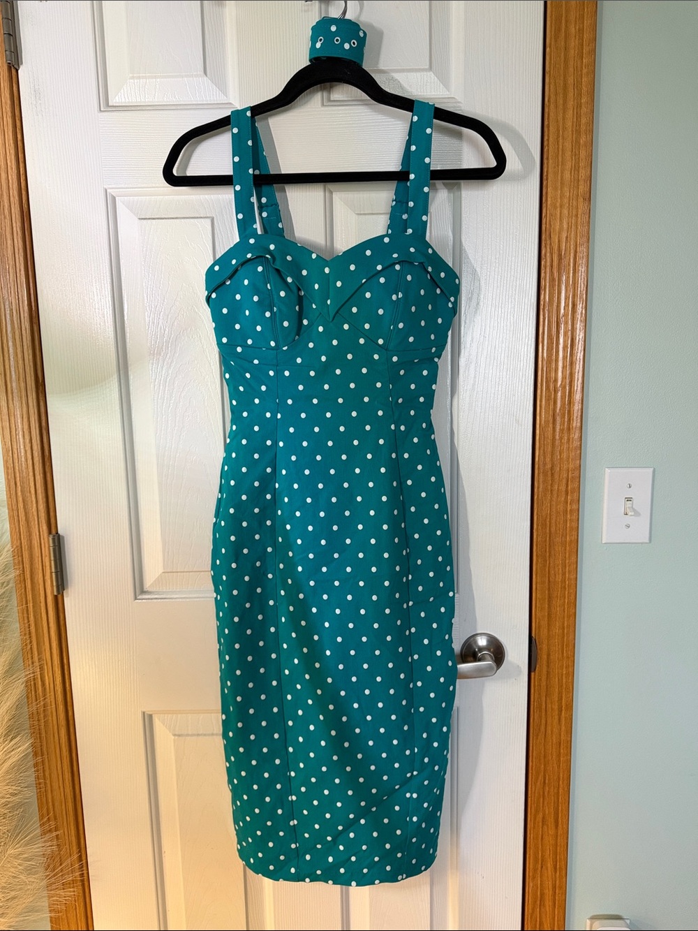Vixen by Micheline Pitt Teal White Polka Dot Midi Dress